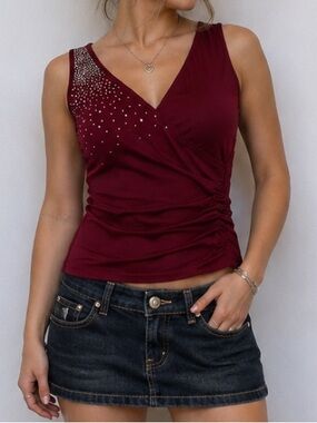 Early 2000s Y2K Bling Burgundy Sleeveless Top